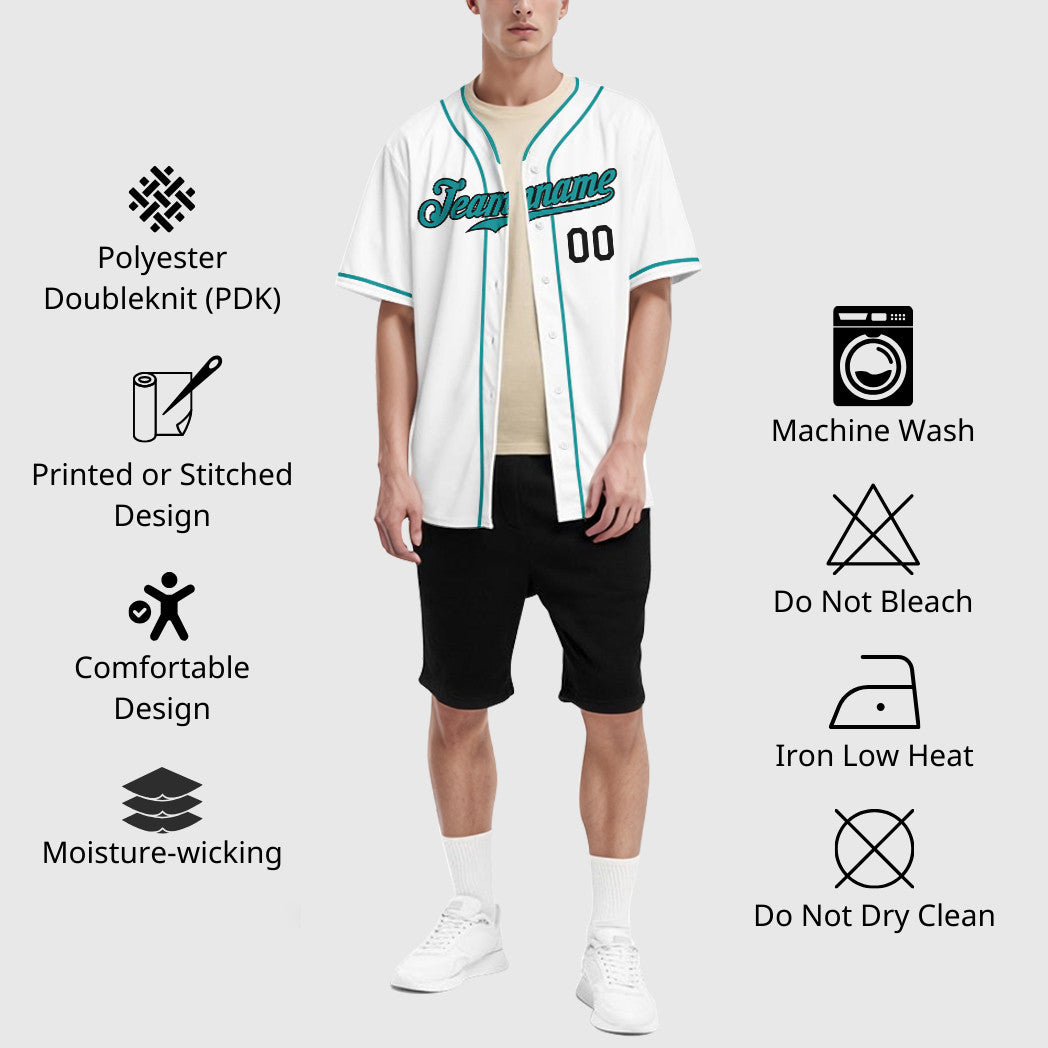 Custom White Black Teal Piping Baseball Jersey