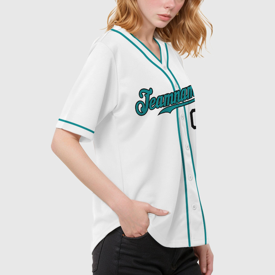 Custom White Black Teal Piping Baseball Jersey