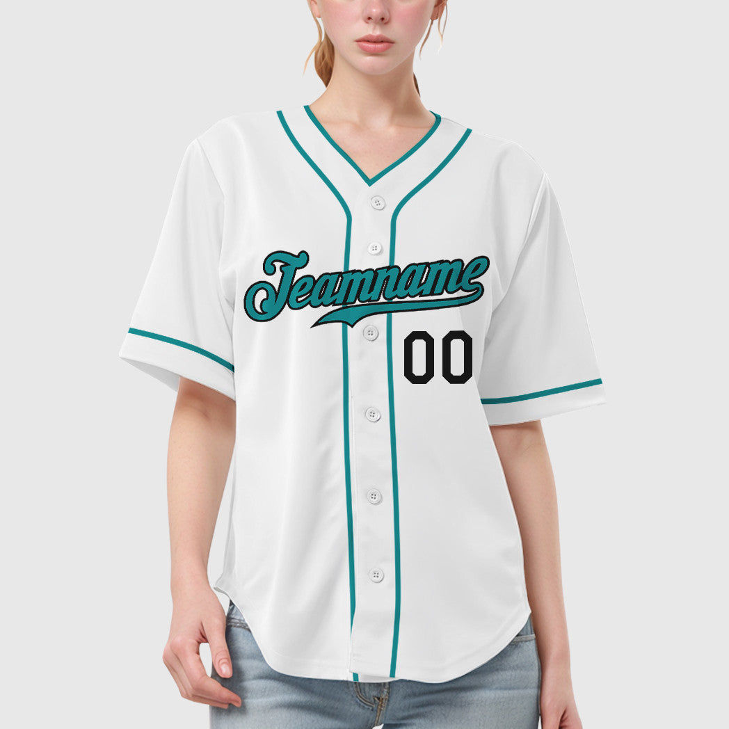 Custom White Black Teal Piping Baseball Jersey