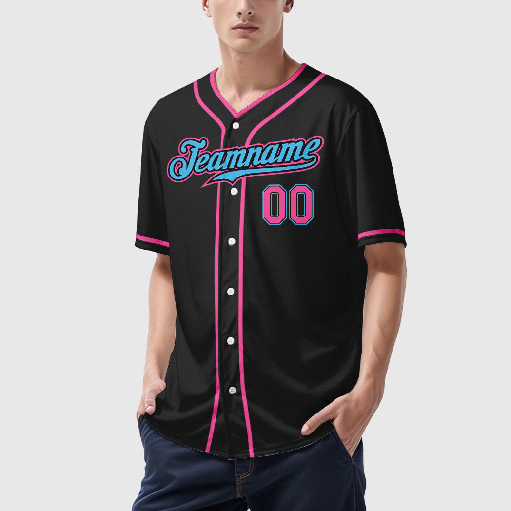 Custom Black White Sky Blue-Pink Piping Baseball Jersey