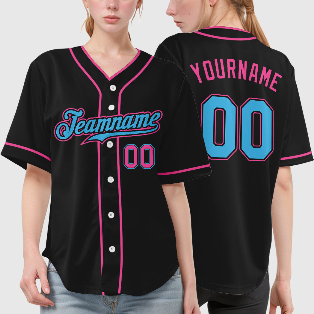 Custom Black White Sky Blue-Pink Piping Baseball Jersey