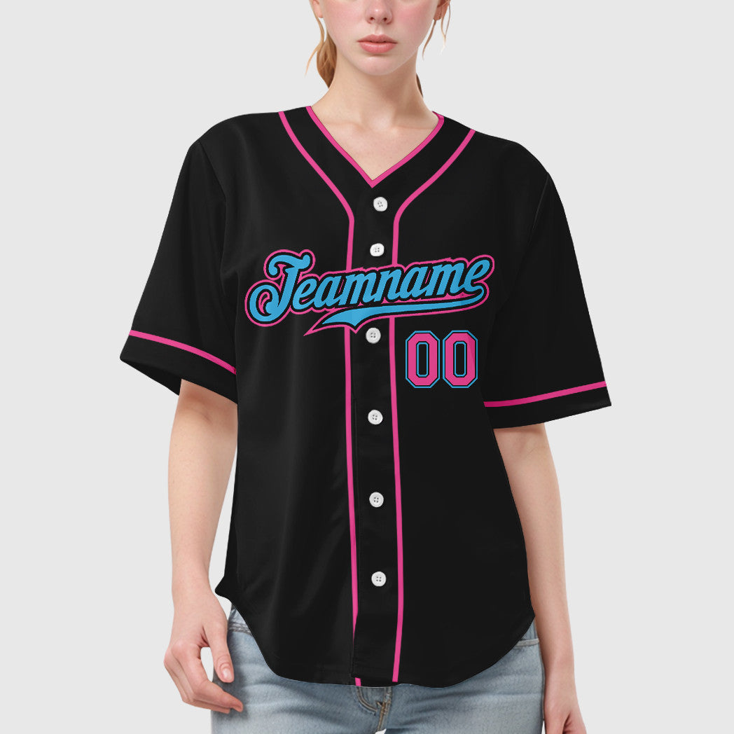 Custom Black White Sky Blue-Pink Piping Baseball Jersey