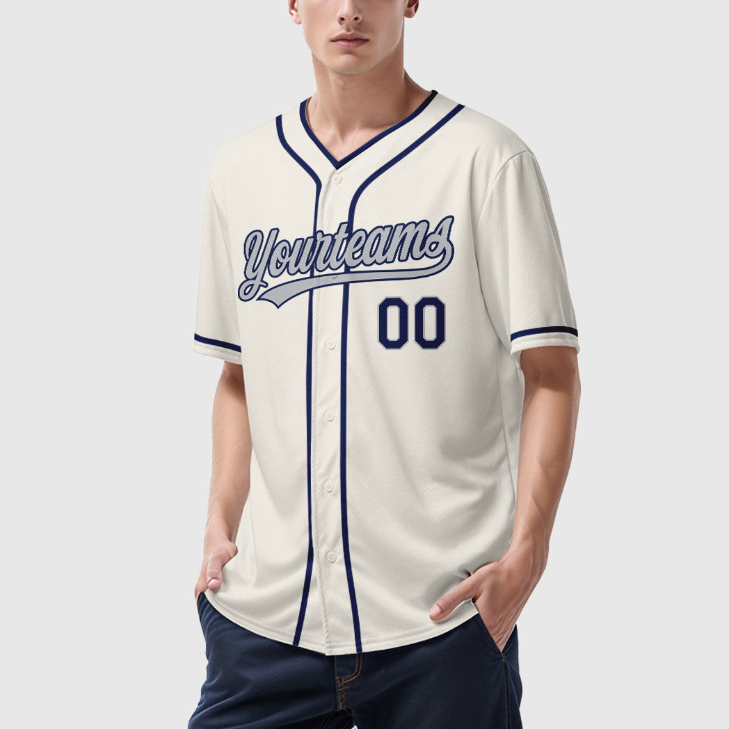 Custom Cream Gray Navy Piping Baseball Jersey