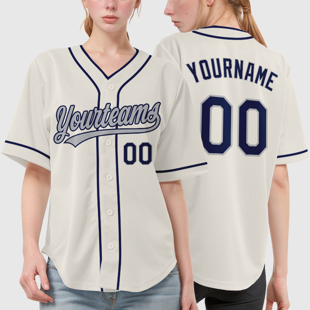 Custom Cream Gray Navy Piping Baseball Jersey