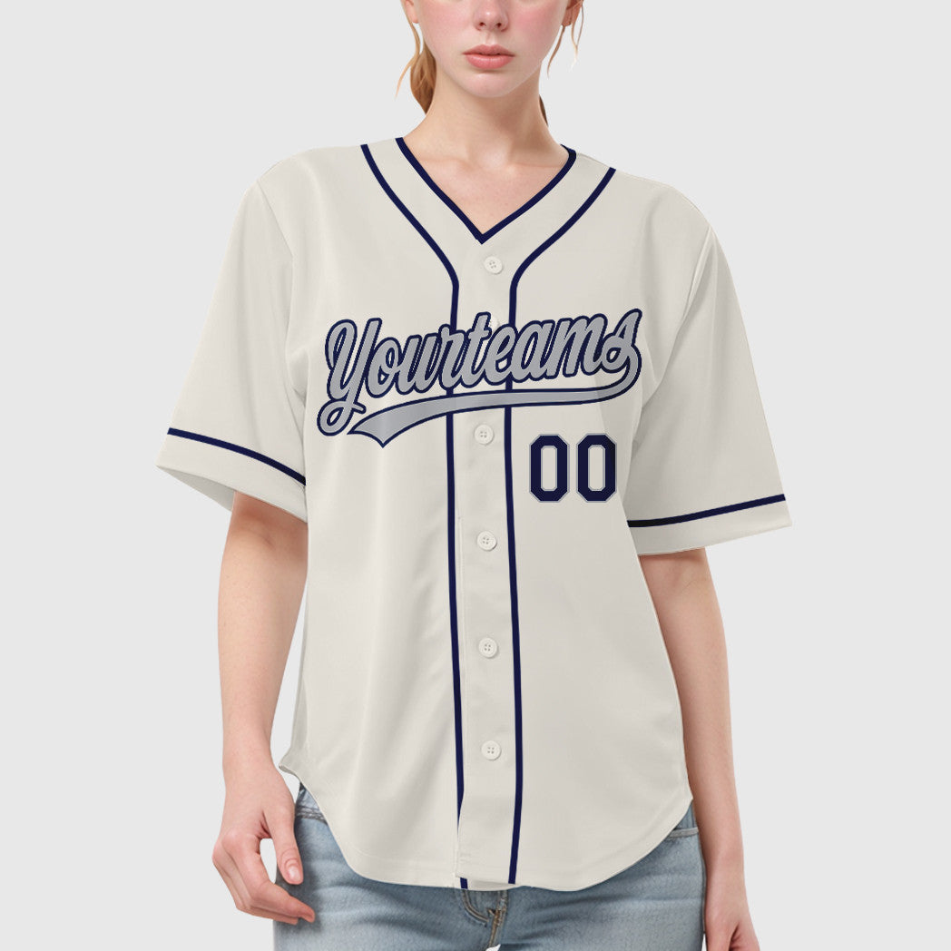 Custom Cream Gray Navy Piping Baseball Jersey