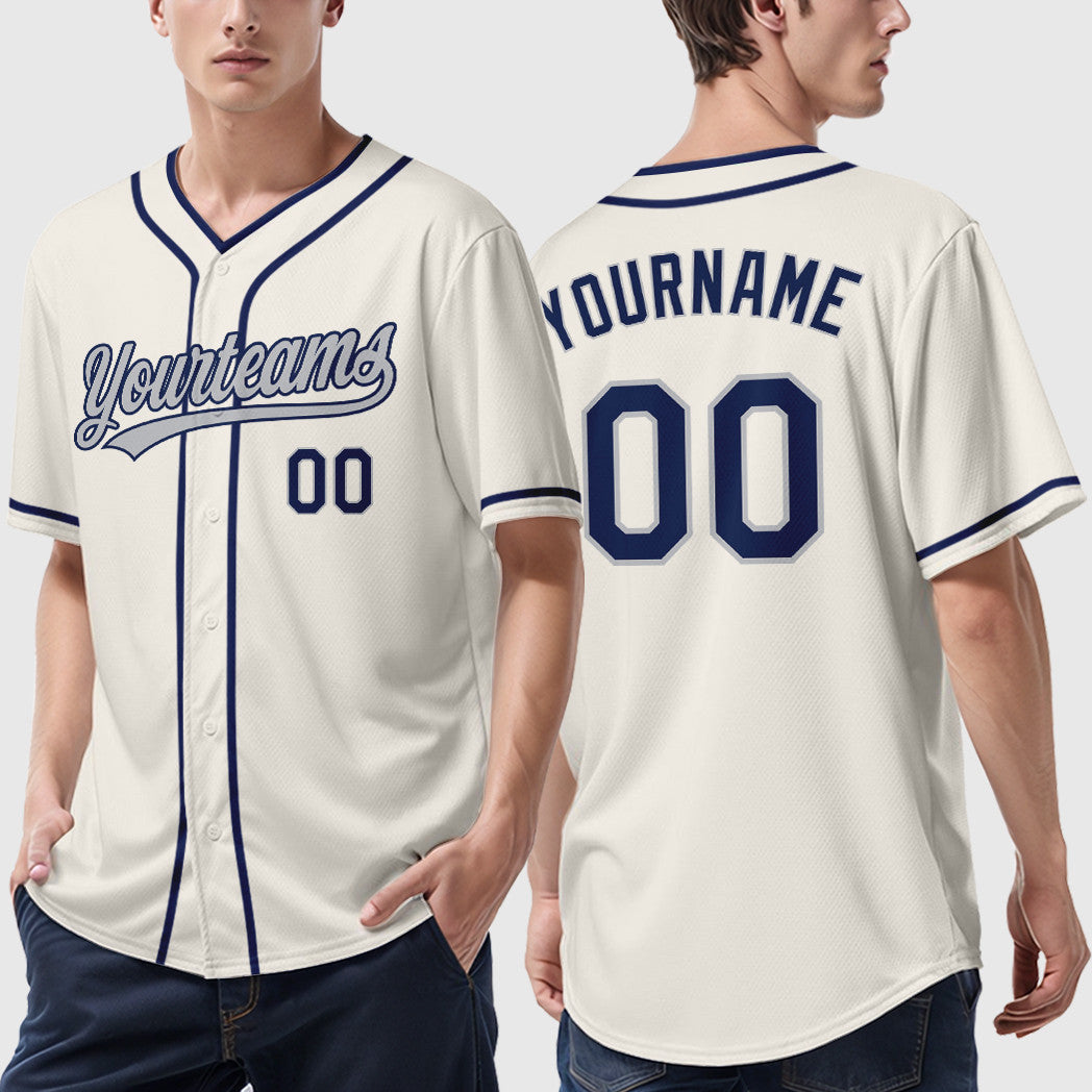 Custom Cream Gray Navy Piping Baseball Jersey