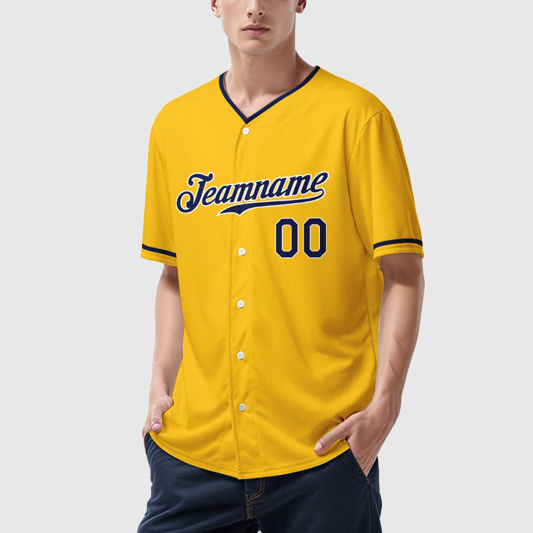 Custom Yellow Navy Navy-White Collar Sleeve Baseball Jersey