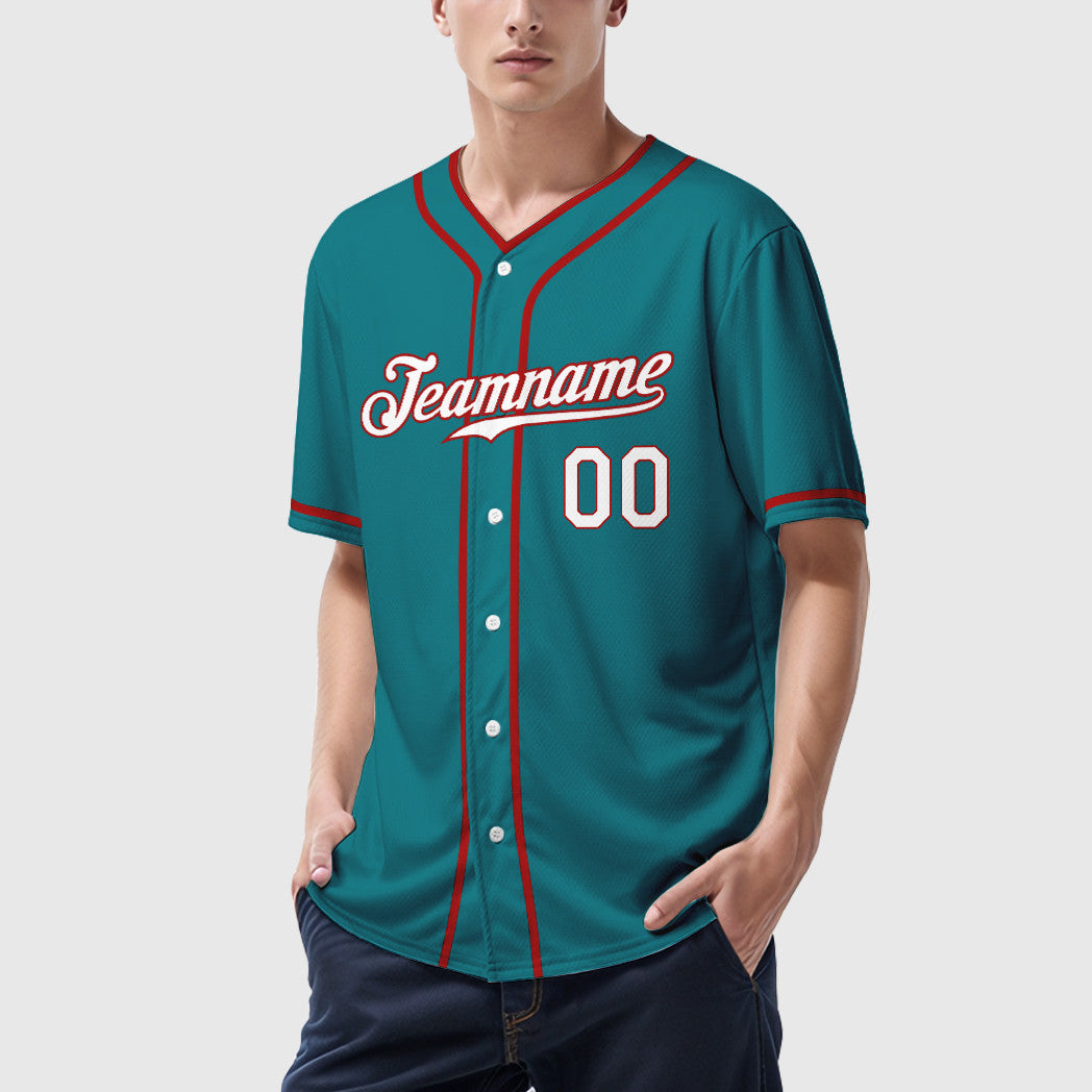 Custom Teal White White-Red Piping Baseball Jersey