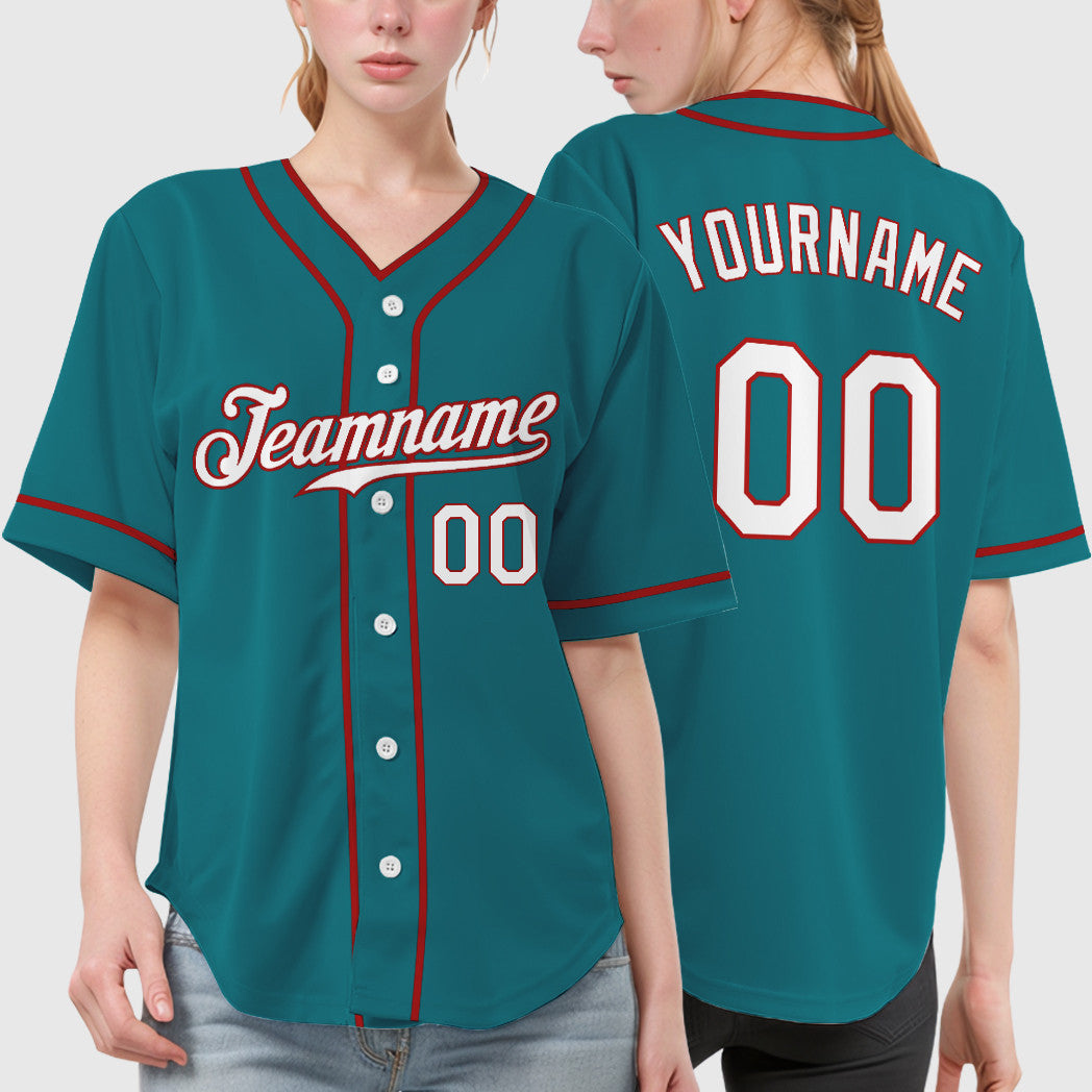 Custom Teal White White-Red Piping Baseball Jersey