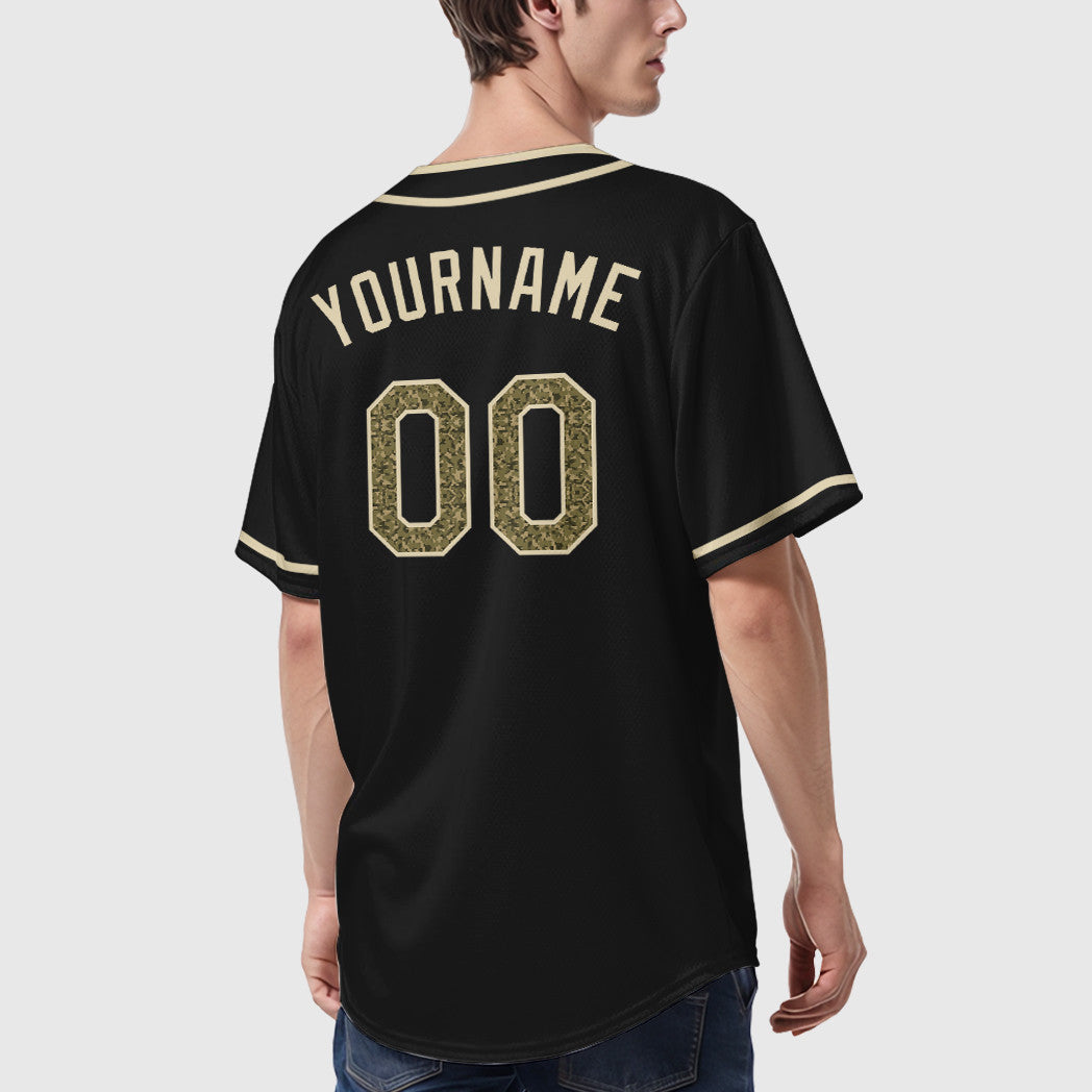 Custom Black Cream Camo-Cream Piping Baseball Jersey