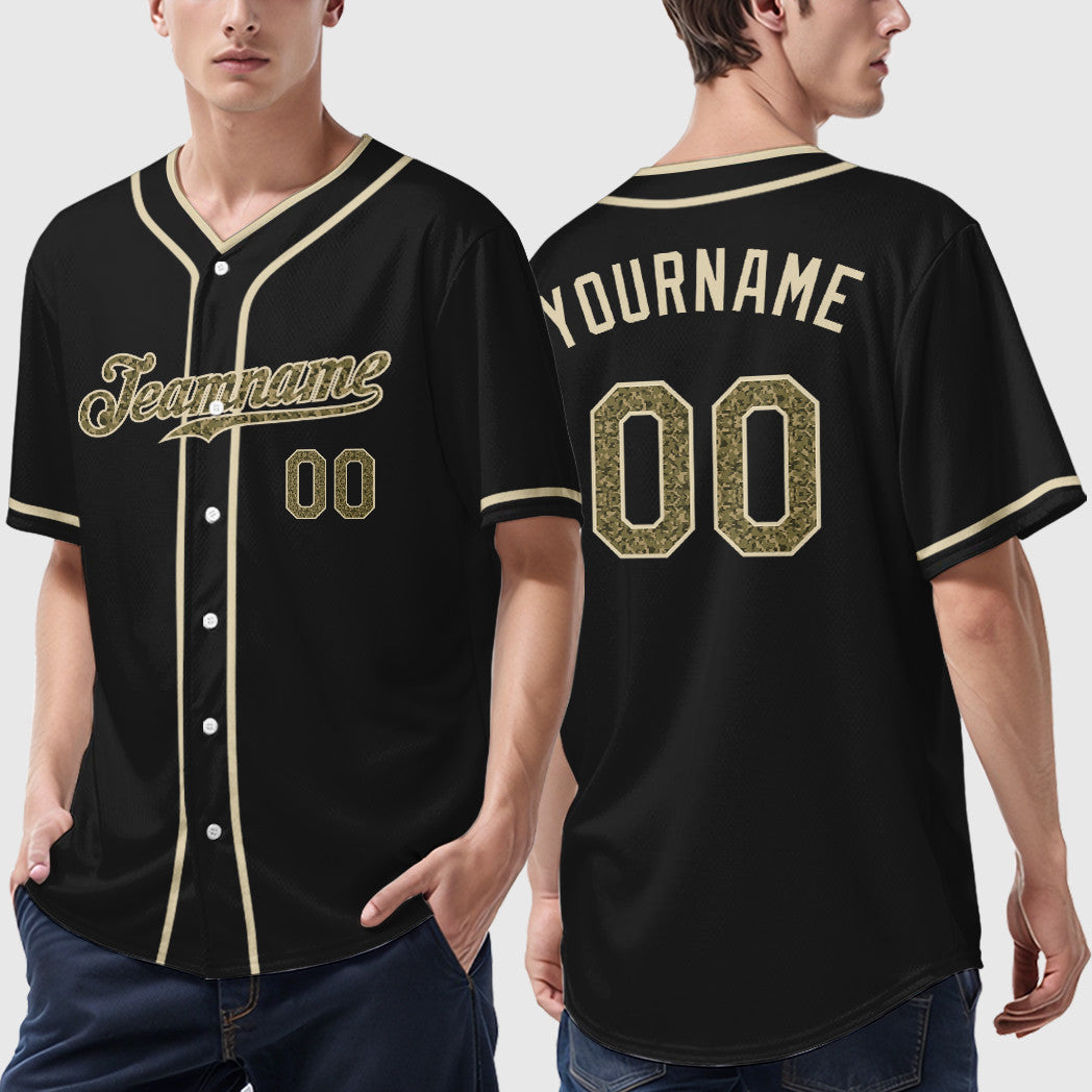 Custom Black Cream Camo-Cream Piping Baseball Jersey