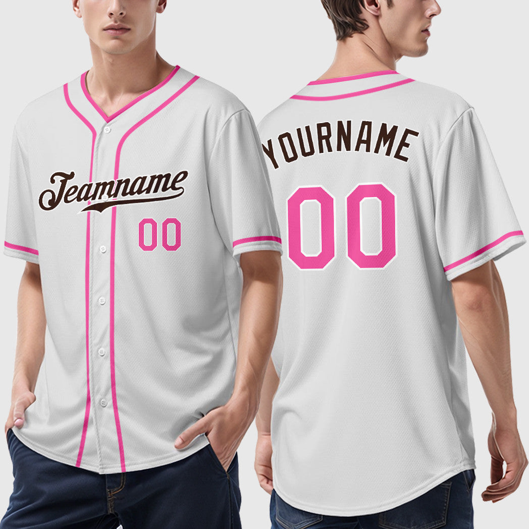Custom White Brown Pink Piping Baseball Jersey