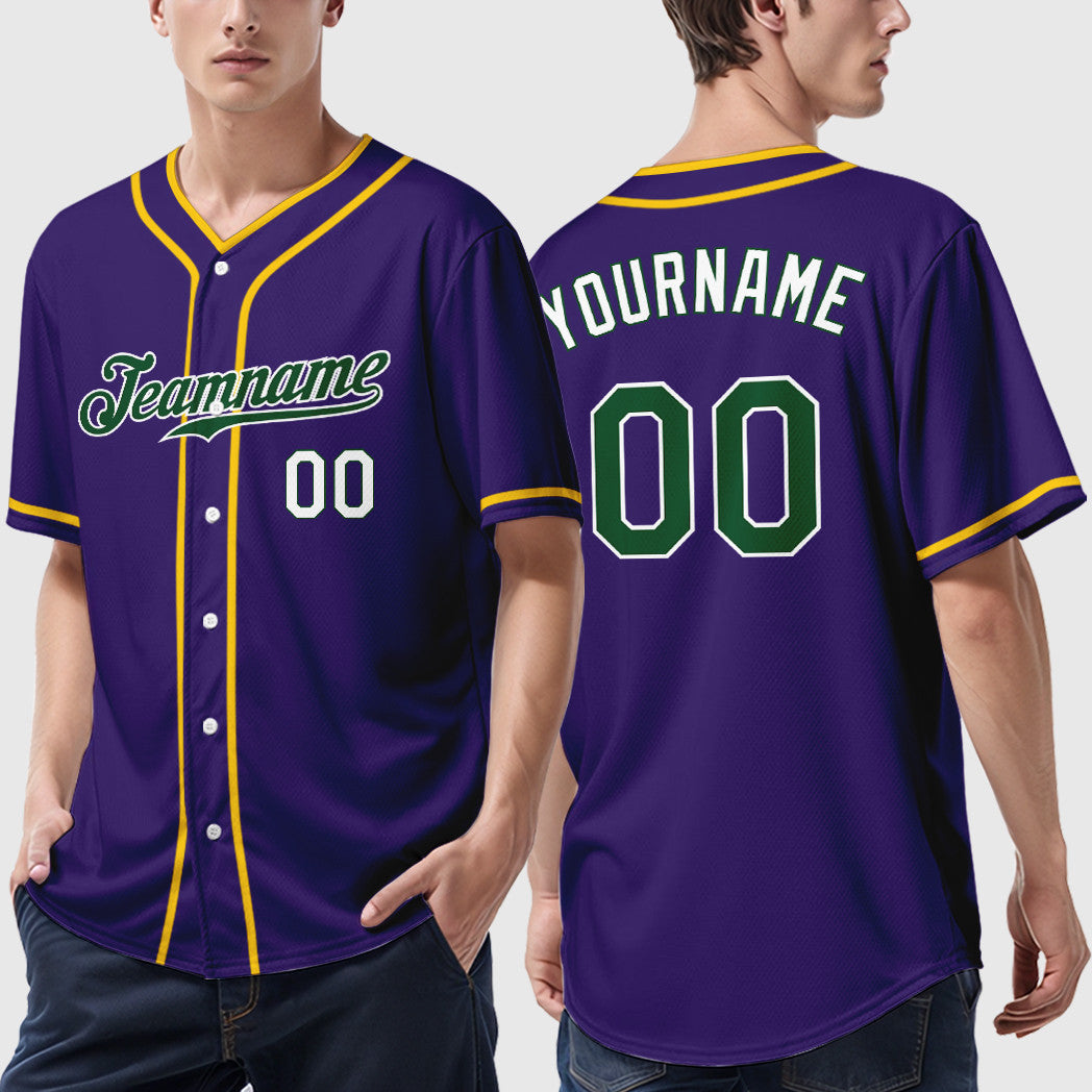 Custom Purple White Green Piping Baseball Jersey