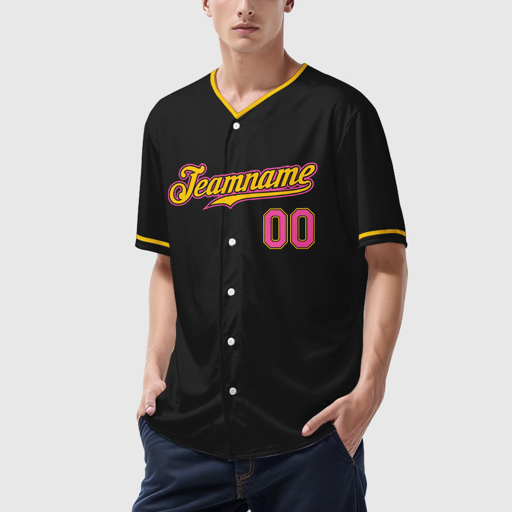 Custom Black Pink Pink-Yellow Collar Sleeve Baseball Jersey