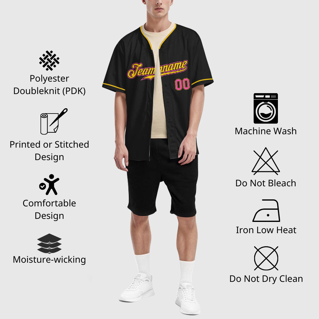 Custom Black Pink Pink-Yellow Collar Sleeve Baseball Jersey