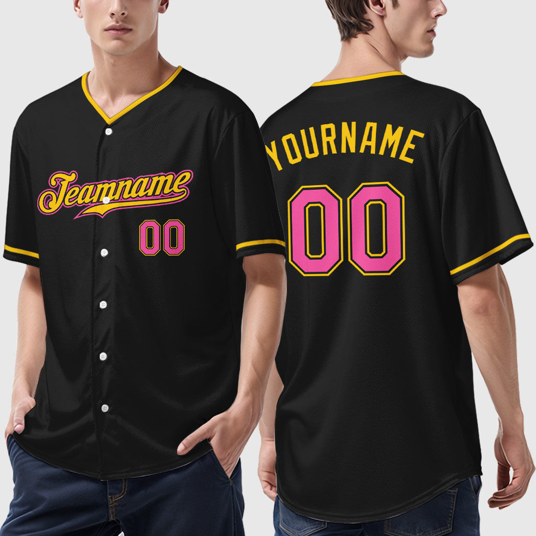 Custom Black Pink Pink-Yellow Collar Sleeve Baseball Jersey