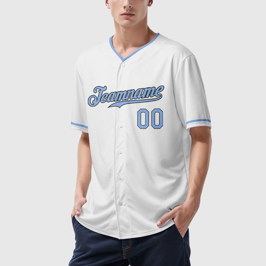 Custom White Light Blue Steel Gray Collar Sleeve Baseball Jersey