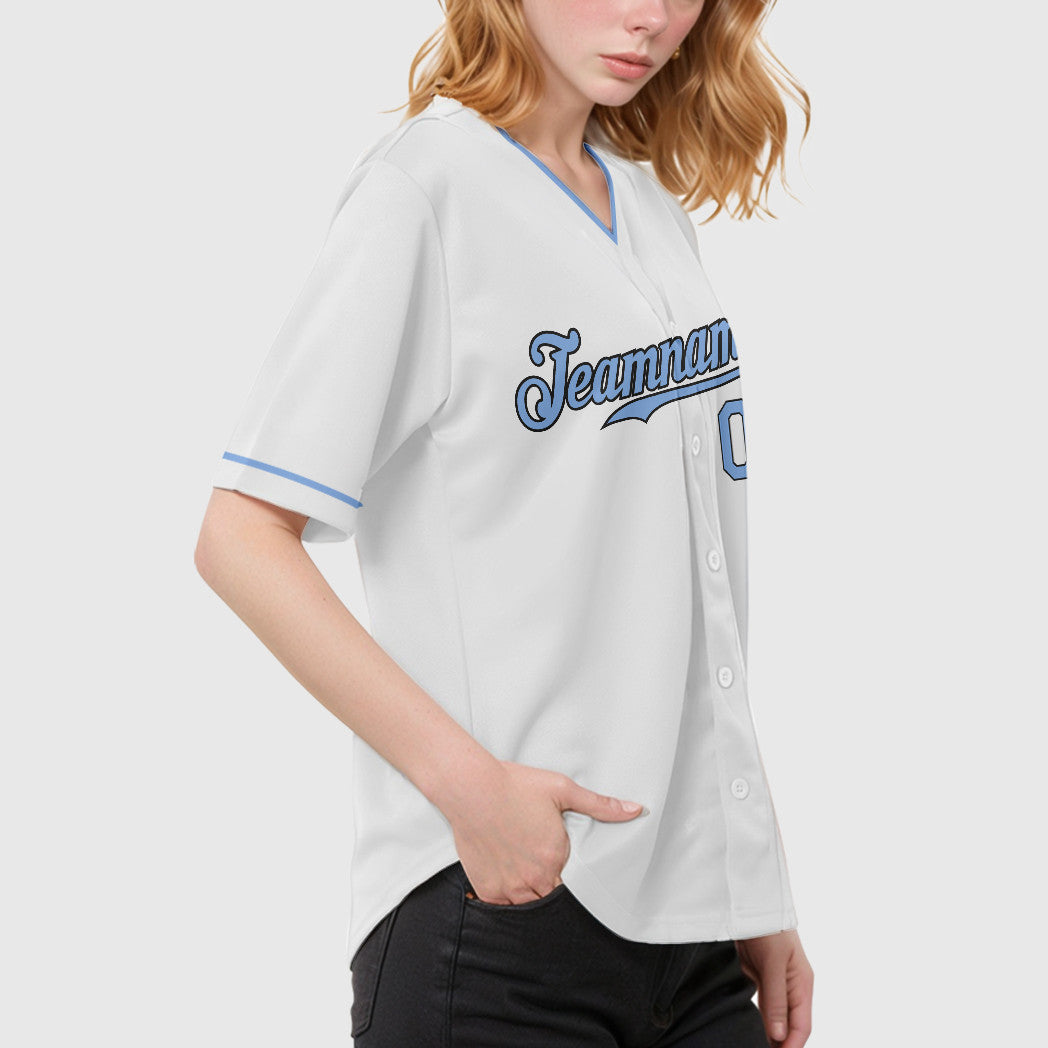 Custom White Light Blue Steel Gray Collar Sleeve Baseball Jersey