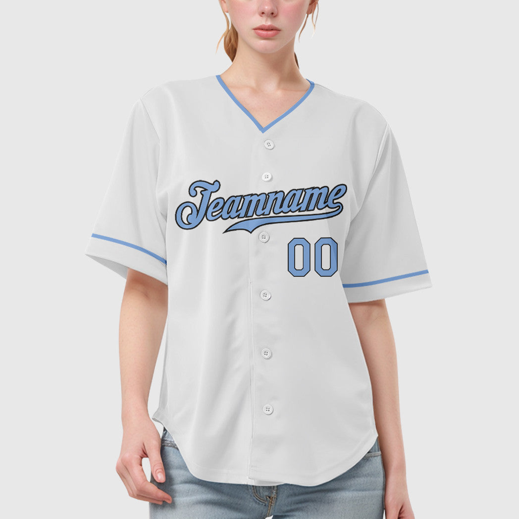 Custom White Light Blue Steel Gray Collar Sleeve Baseball Jersey