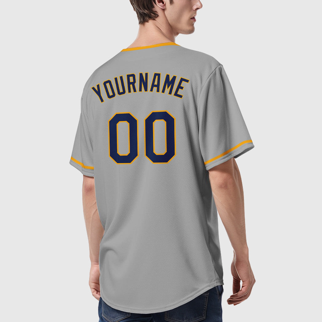 Custom Gray Navy Navy-Gold Collar Sleeve Baseball Jersey