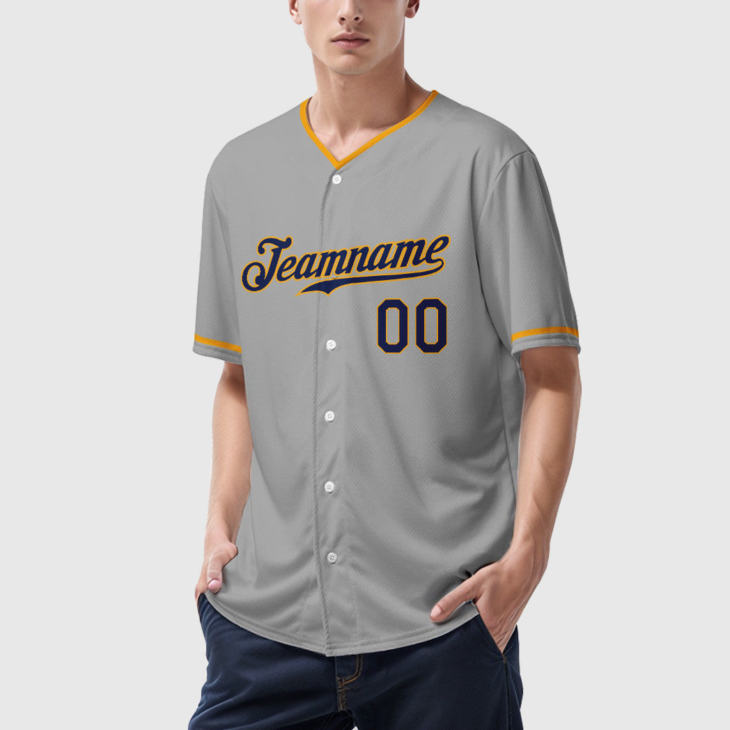 Custom Gray Navy Navy-Gold Collar Sleeve Baseball Jersey