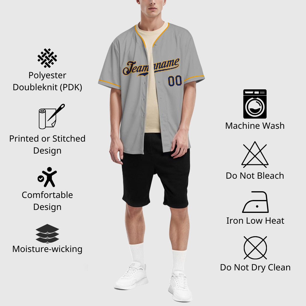 Custom Gray Navy Navy-Gold Collar Sleeve Baseball Jersey