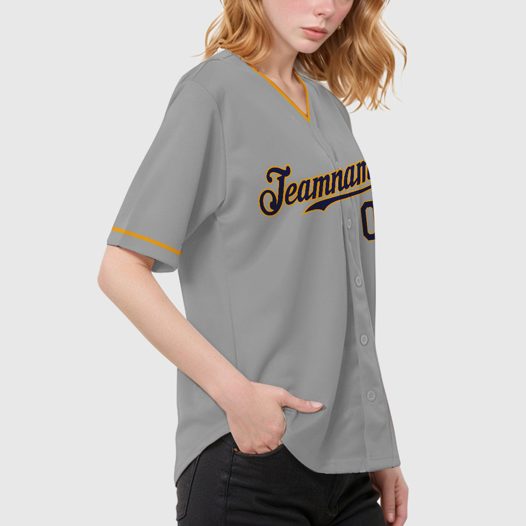 Custom Gray Navy Navy-Gold Collar Sleeve Baseball Jersey