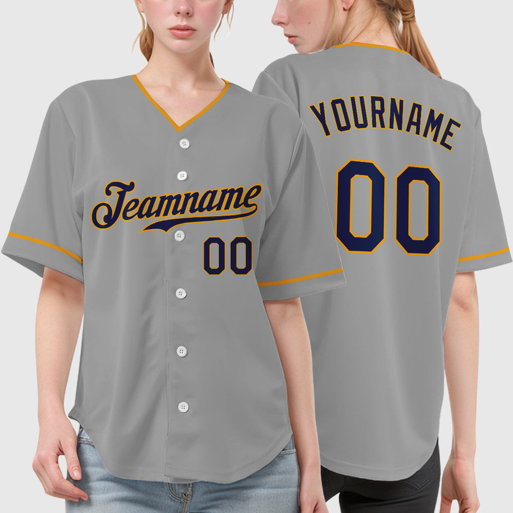 Custom Gray Navy Navy-Gold Collar Sleeve Baseball Jersey
