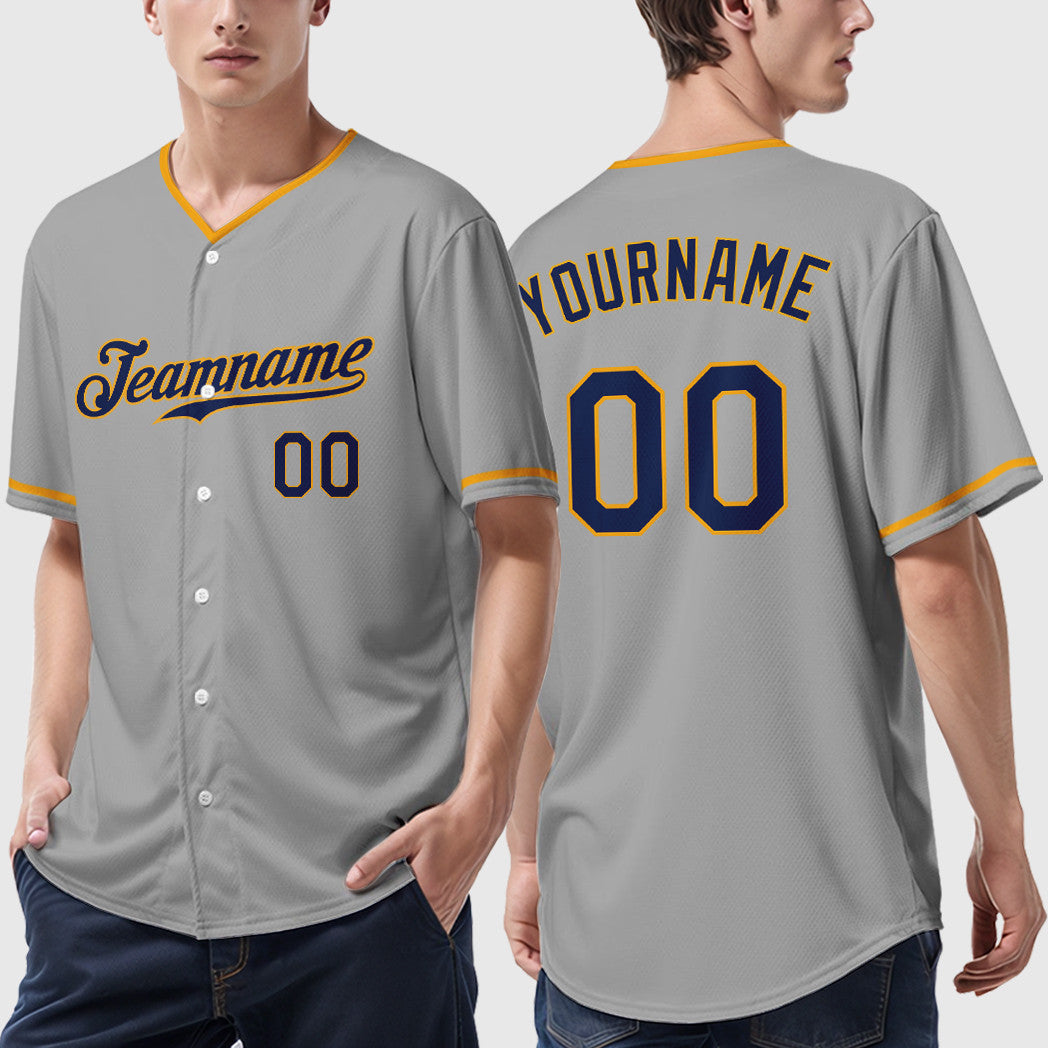 Custom Gray Navy Navy-Gold Collar Sleeve Baseball Jersey