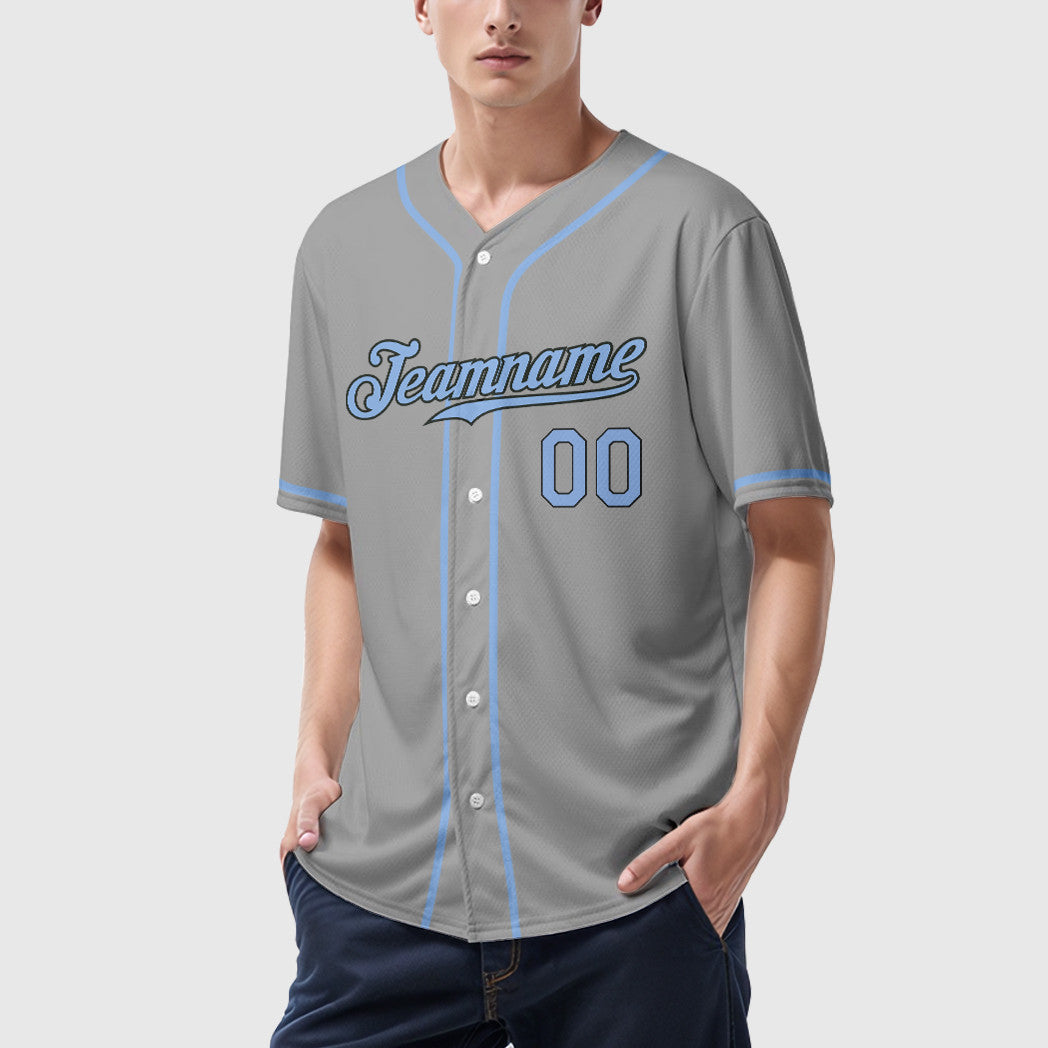 Custom Gray Black Light Blue Sleeve Baseball Jersey