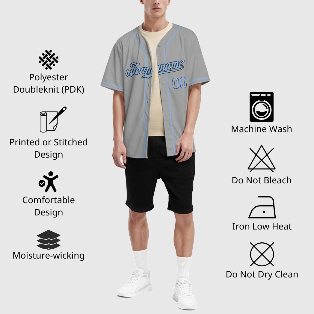 Custom Gray Black Light Blue Sleeve Baseball Jersey