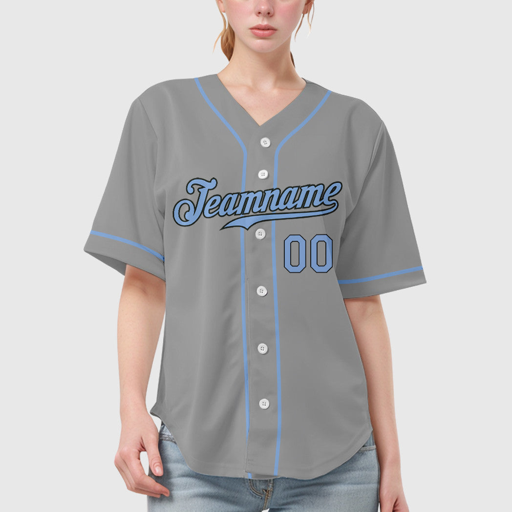 Custom Gray Black Light Blue Sleeve Baseball Jersey