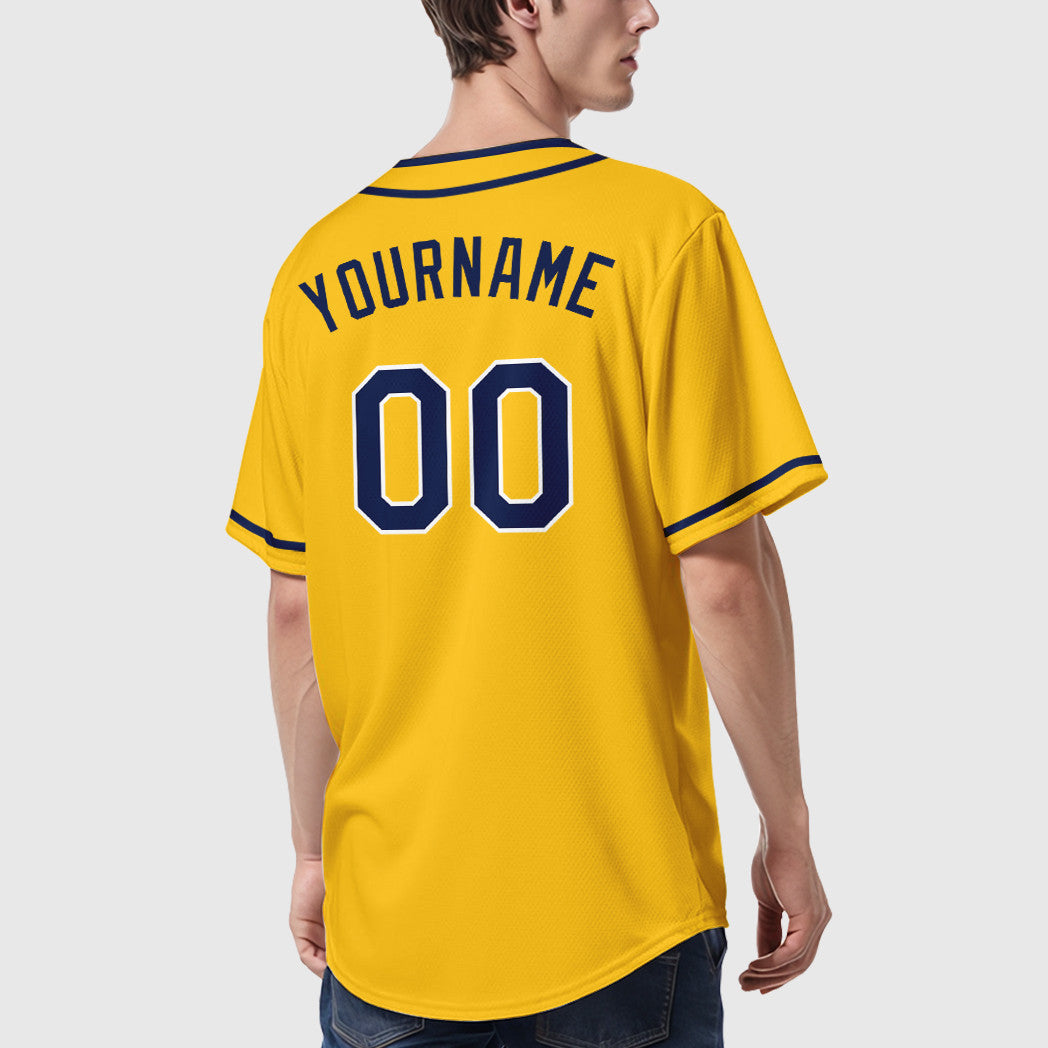 Custom Yellow Navy Navy-White Piping Baseball Jersey