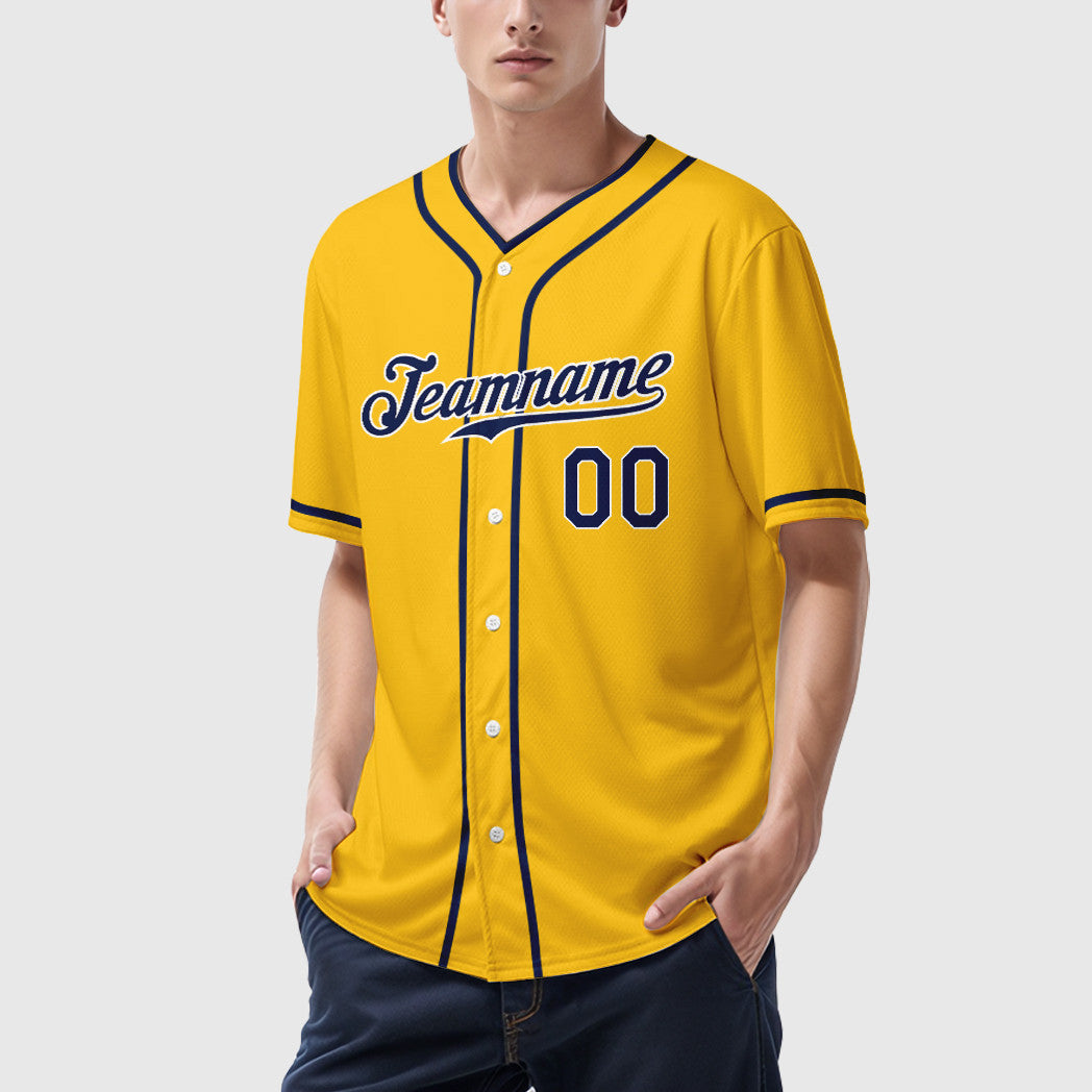 Custom Yellow Navy Navy-White Piping Baseball Jersey