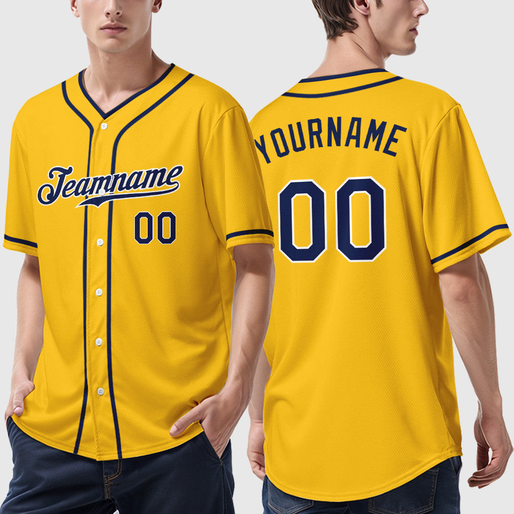 Custom Yellow Navy Navy-White Piping Baseball Jersey
