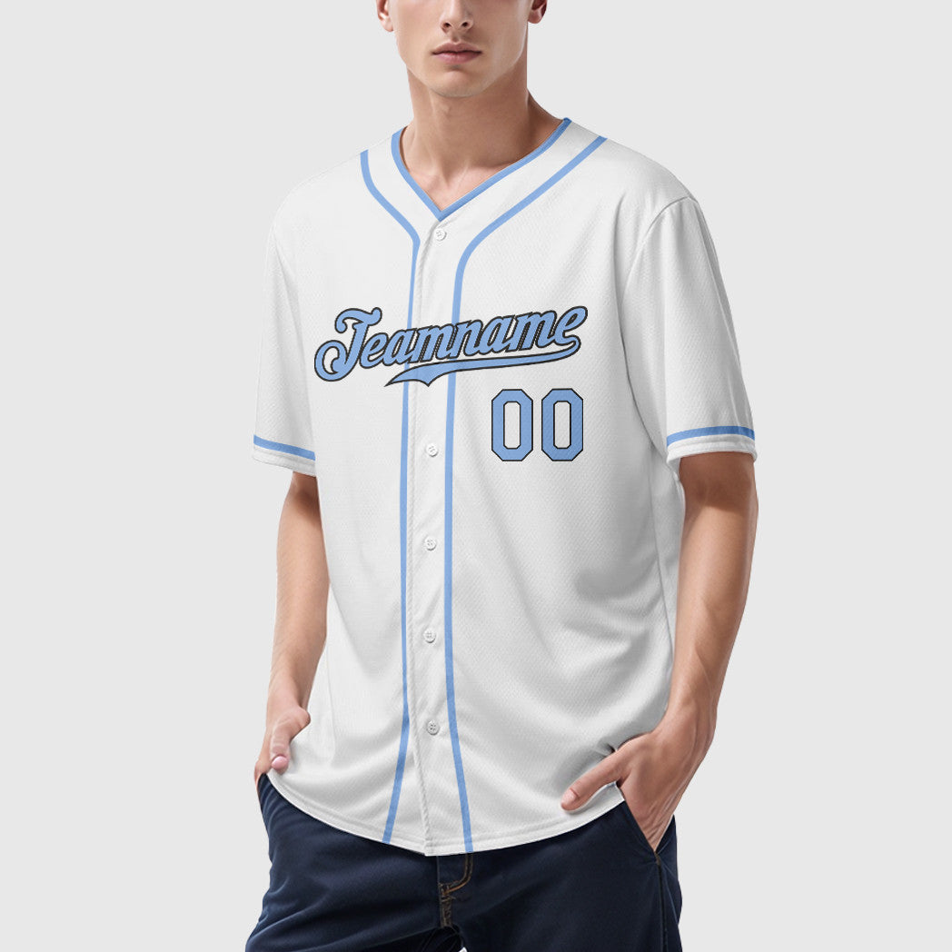 Custom White Light Blue Steel Gray Piping Baseball Jersey