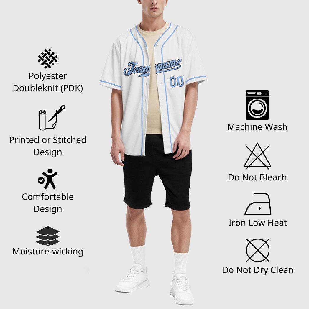 Custom White Light Blue Steel Gray Piping Baseball Jersey