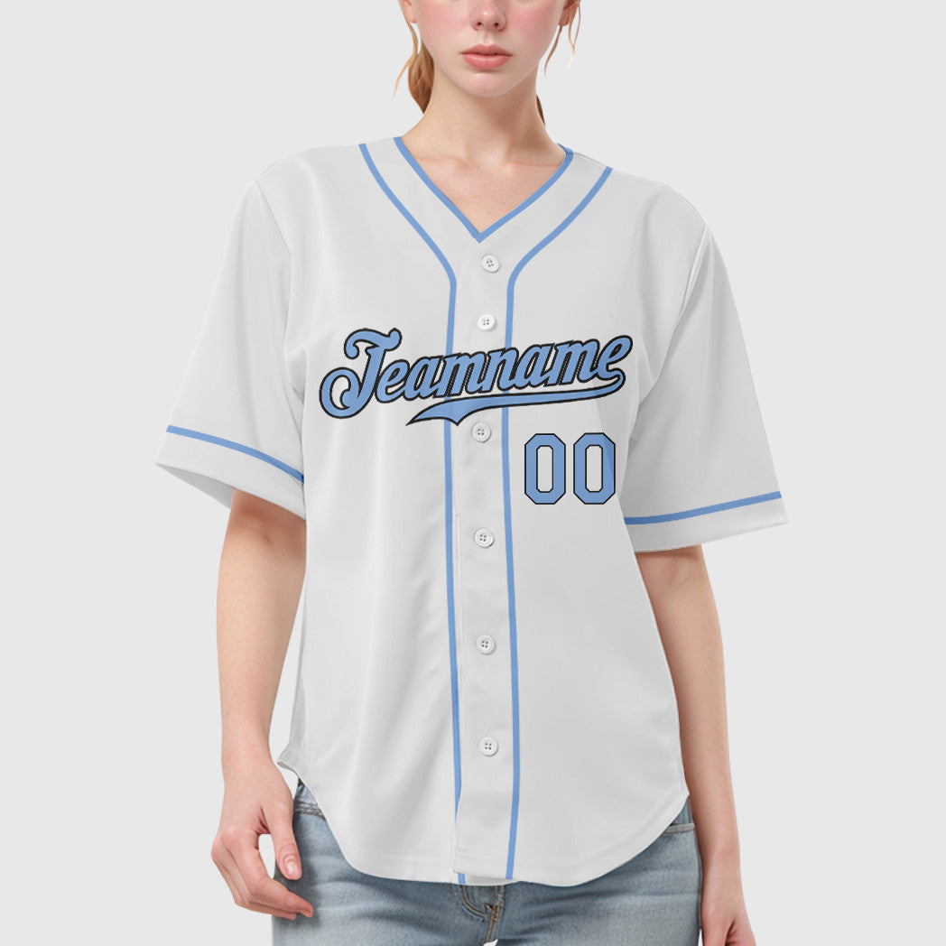 Custom White Light Blue Steel Gray Piping Baseball Jersey