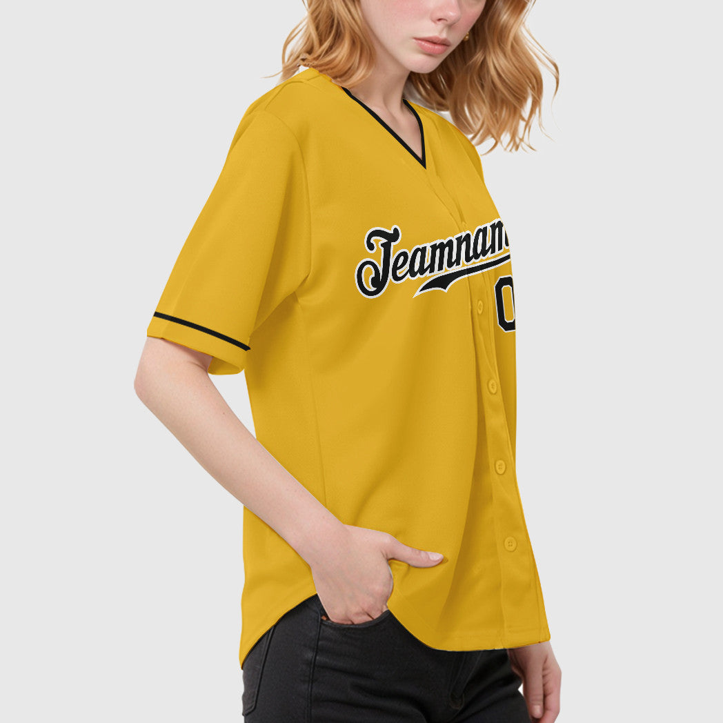 Custom Yellow Black Black-White Collar Sleeve Baseball Jersey