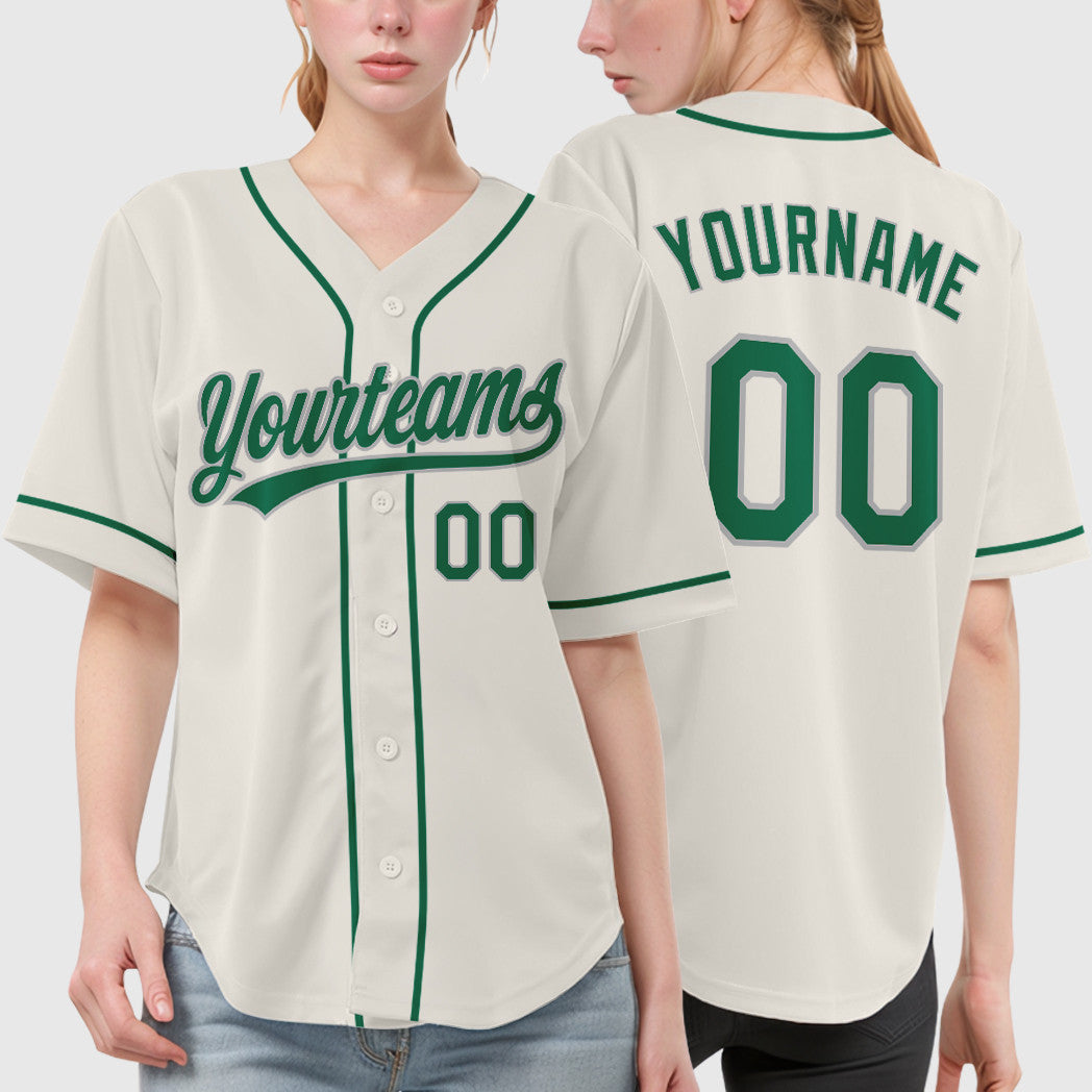 Custom Cream Gray Kelly Green Sleeve Baseball Jersey