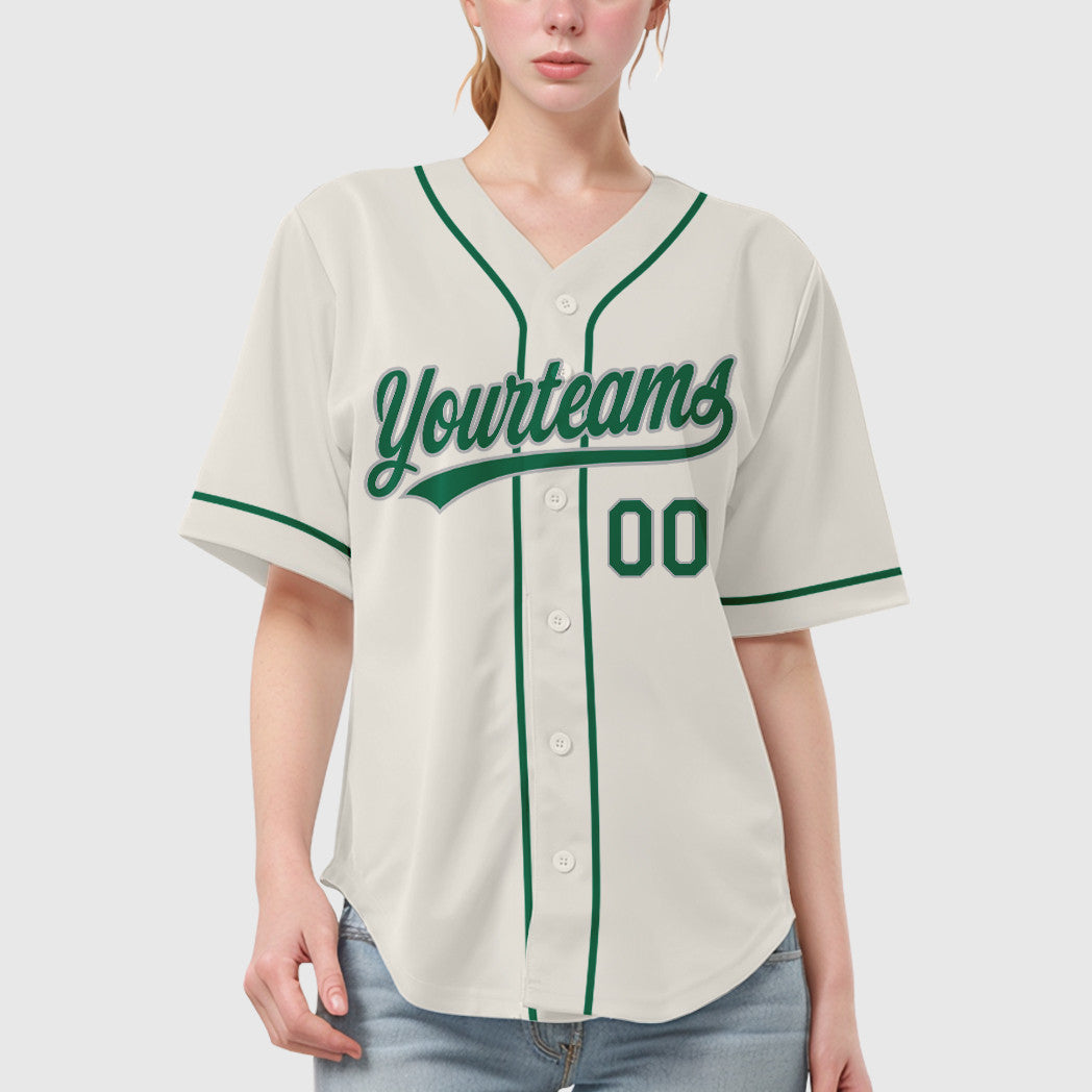 Custom Cream Gray Kelly Green Sleeve Baseball Jersey