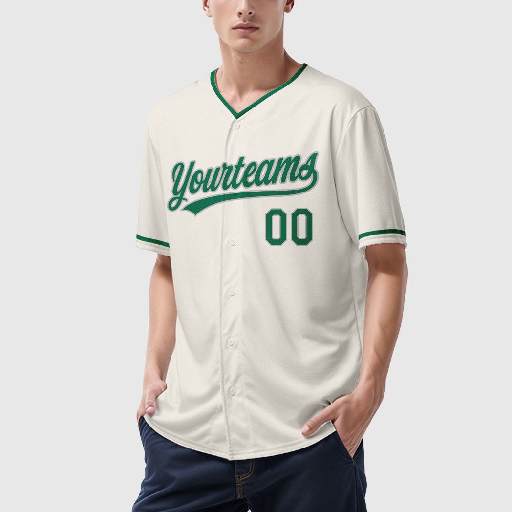 Custom Cream Gray Kelly Green Collar Sleeve Baseball Jersey