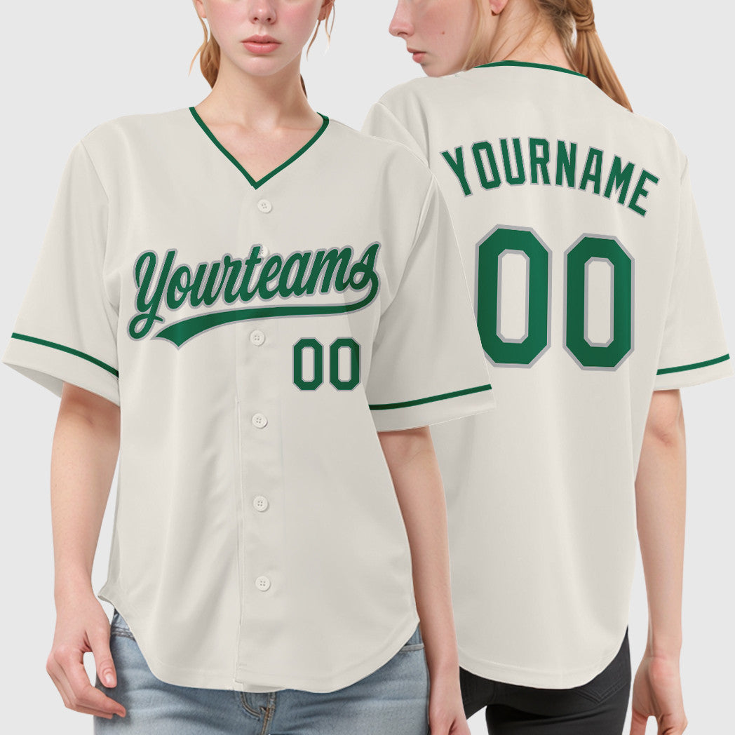 Custom Cream Gray Kelly Green Collar Sleeve Baseball Jersey
