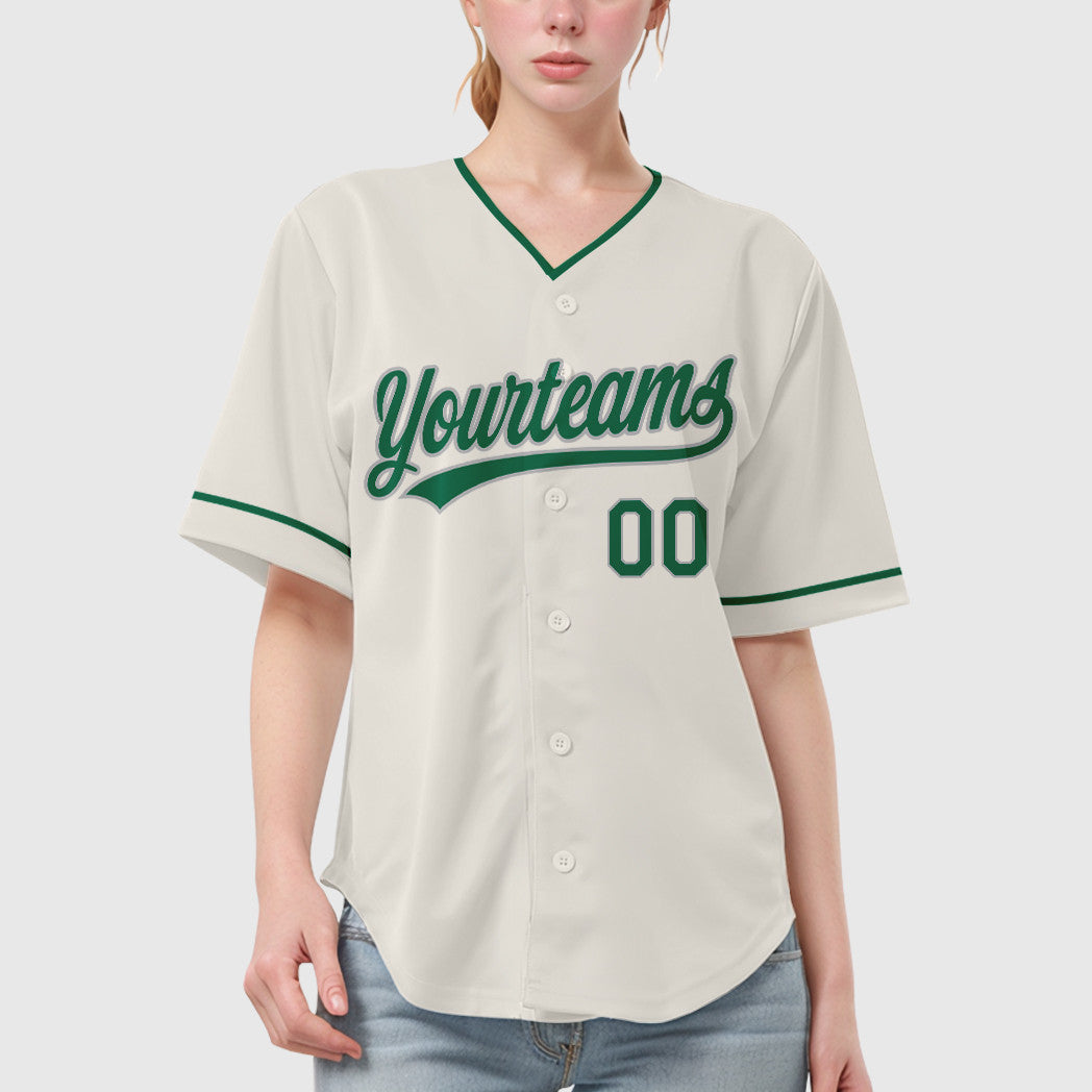 Custom Cream Gray Kelly Green Collar Sleeve Baseball Jersey