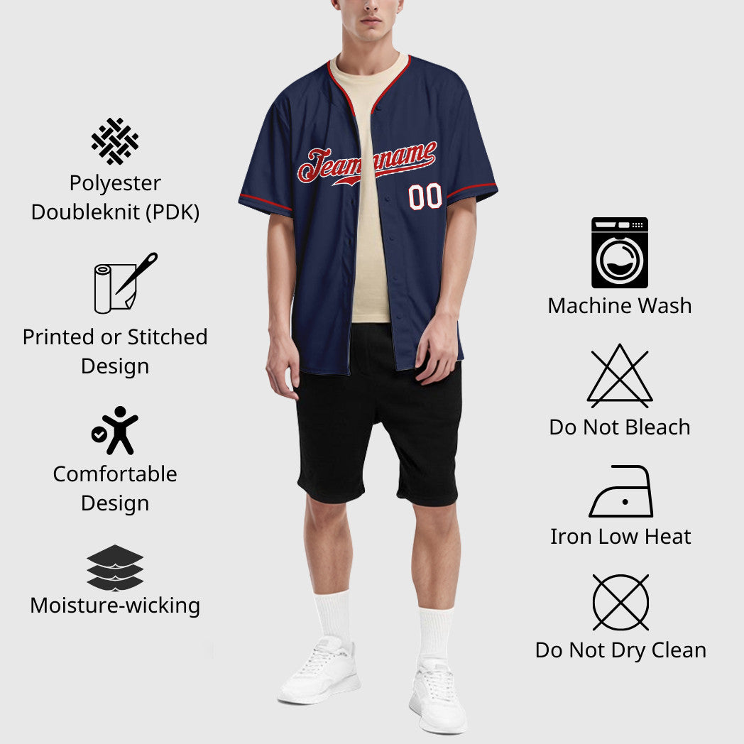 Custom Navy Red Red-White Collar Sleeve Baseball Jersey