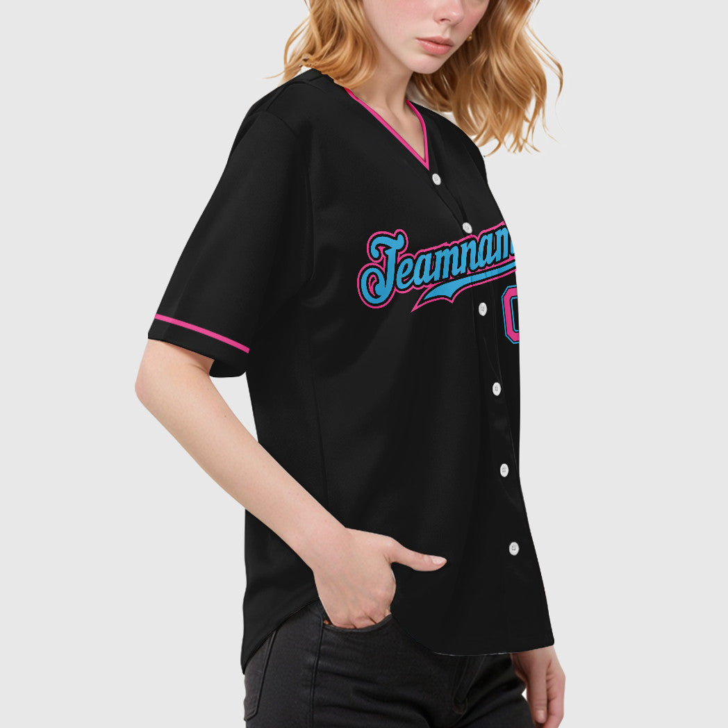 Custom Black White Sky Blue-Pink Collar Sleeve Baseball Jersey