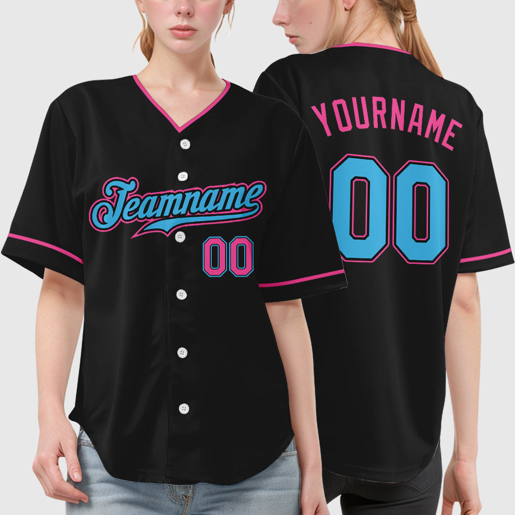 Custom Black White Sky Blue-Pink Collar Sleeve Baseball Jersey