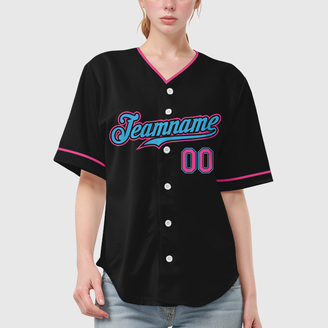 Custom Black White Sky Blue-Pink Collar Sleeve Baseball Jersey