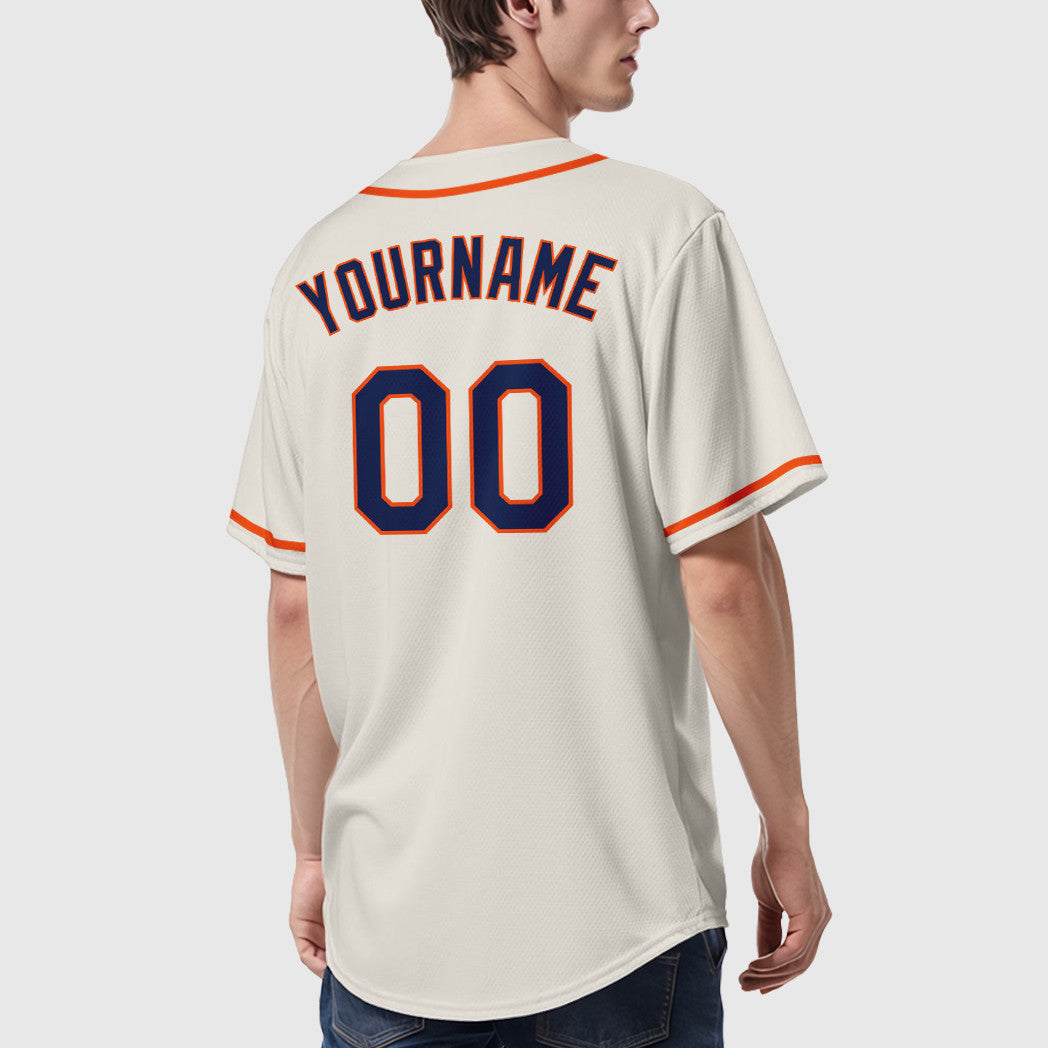 Custom Cream Navy Orange Sleeve Baseball Jersey