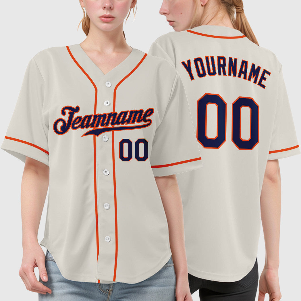 Custom Cream Navy Orange Sleeve Baseball Jersey